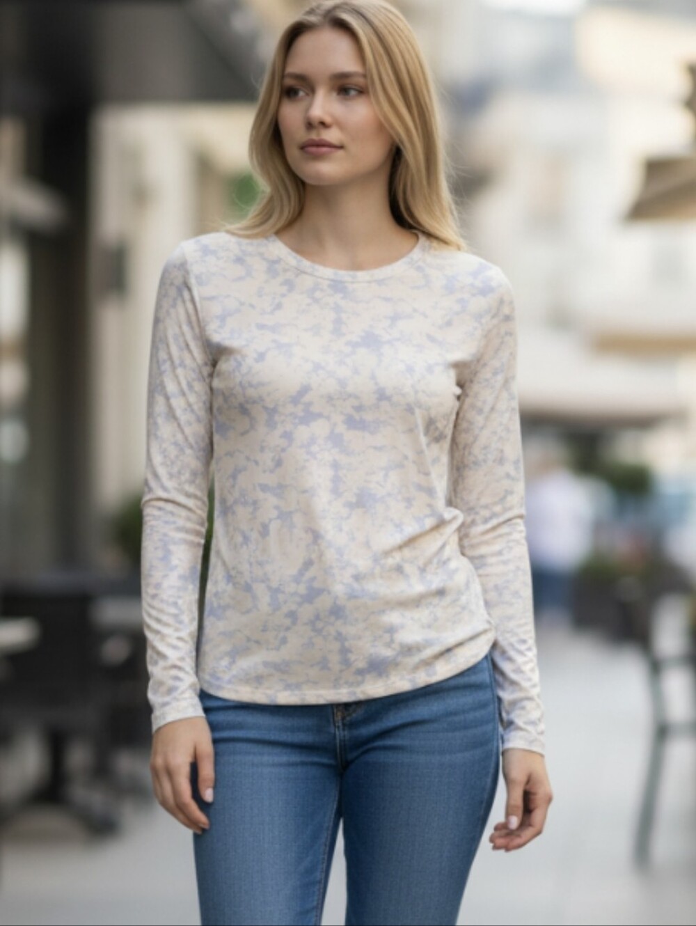 Free People Light Blue & Cream Tie-Dye Long Sleeve Tee